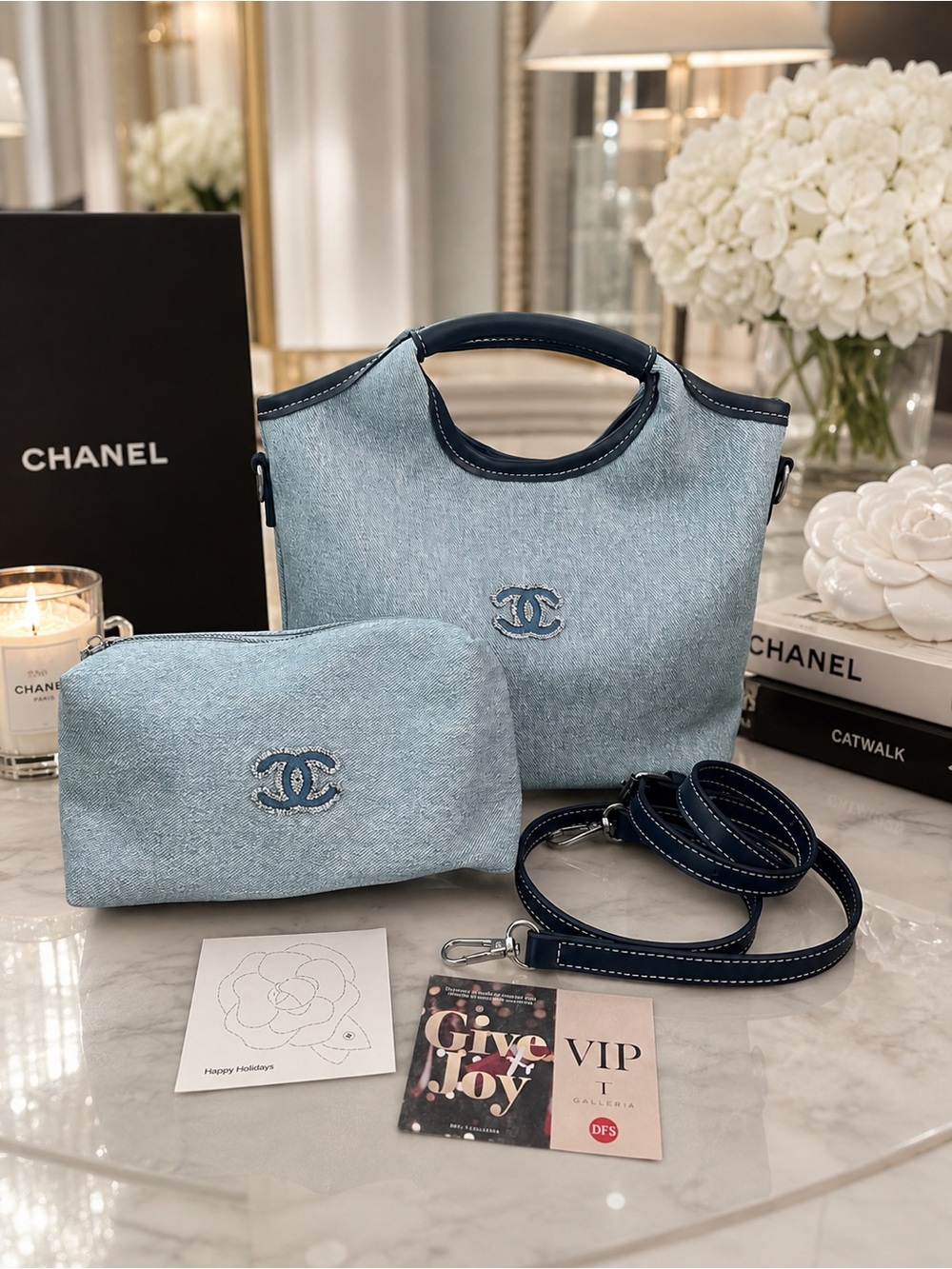 New Chanel VIP Beauty Gift Bag with Matching Cosmetic Pouch & Crossbody Strap